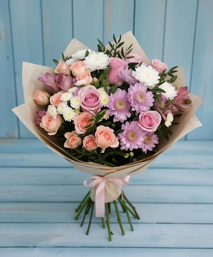 Букет цветов из: Хризантемы, Розы и Альстромерии в Завьялово Алтайского края