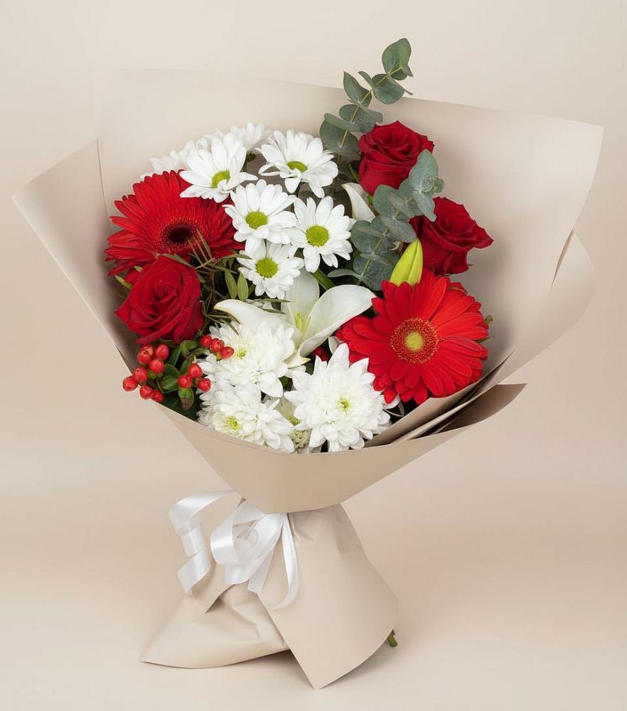Букет цветов из: Розы, Хризантемы, Герберы и Лилии в Завьялово Алтайского края