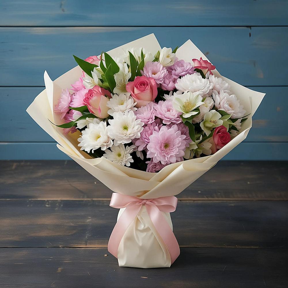 Букет цветов из: Хризантемы, Альстромерии и Розы в Завьялово Алтайского края